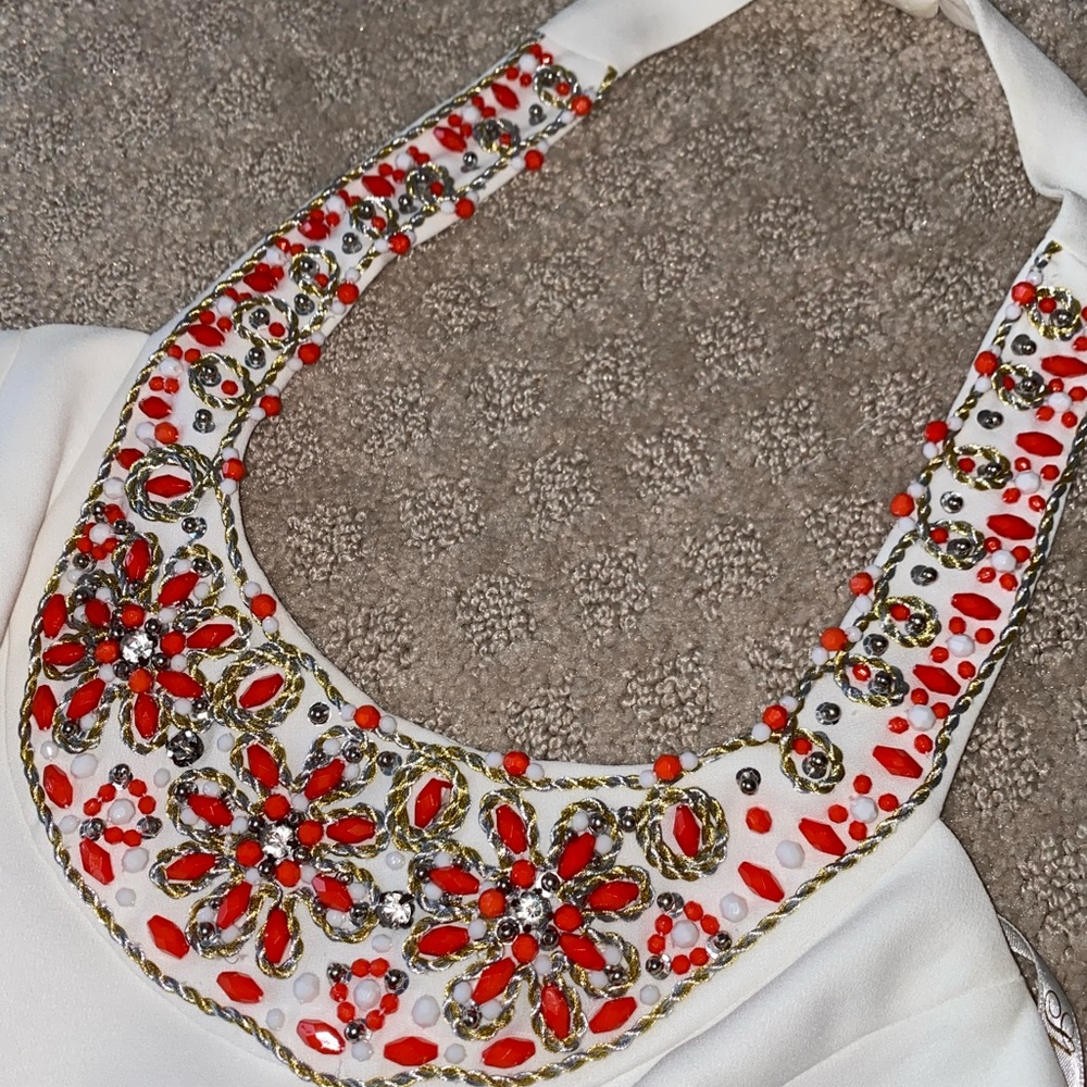 Shoshanna off white dress w/ coral and rhinestones